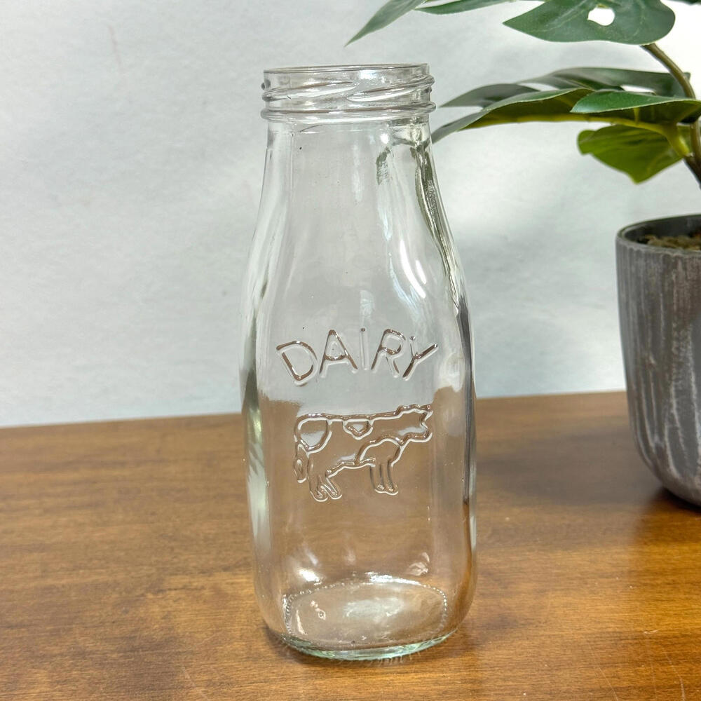 Dairy 6” Bottle Clear Glass Milk Jar Jug Embossed Cow 10 oz.